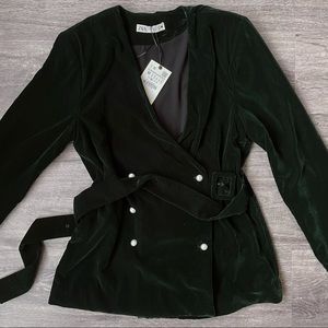 NWT ZARA Dark Green Velour Velvet Blazer Top